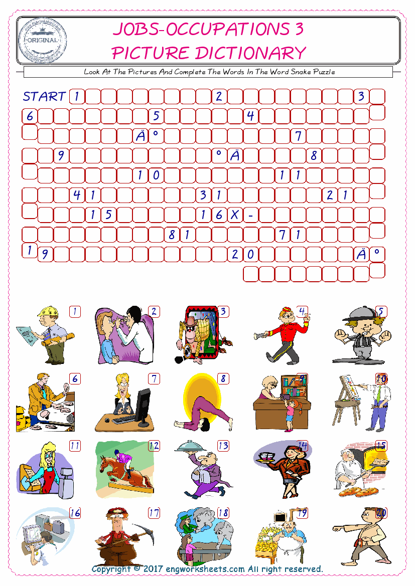  Check the Illustrations of Jobs-Occupations english worksheets for kids, and Supply the Missing Words in the Word Snake Puzzle ESL play. 